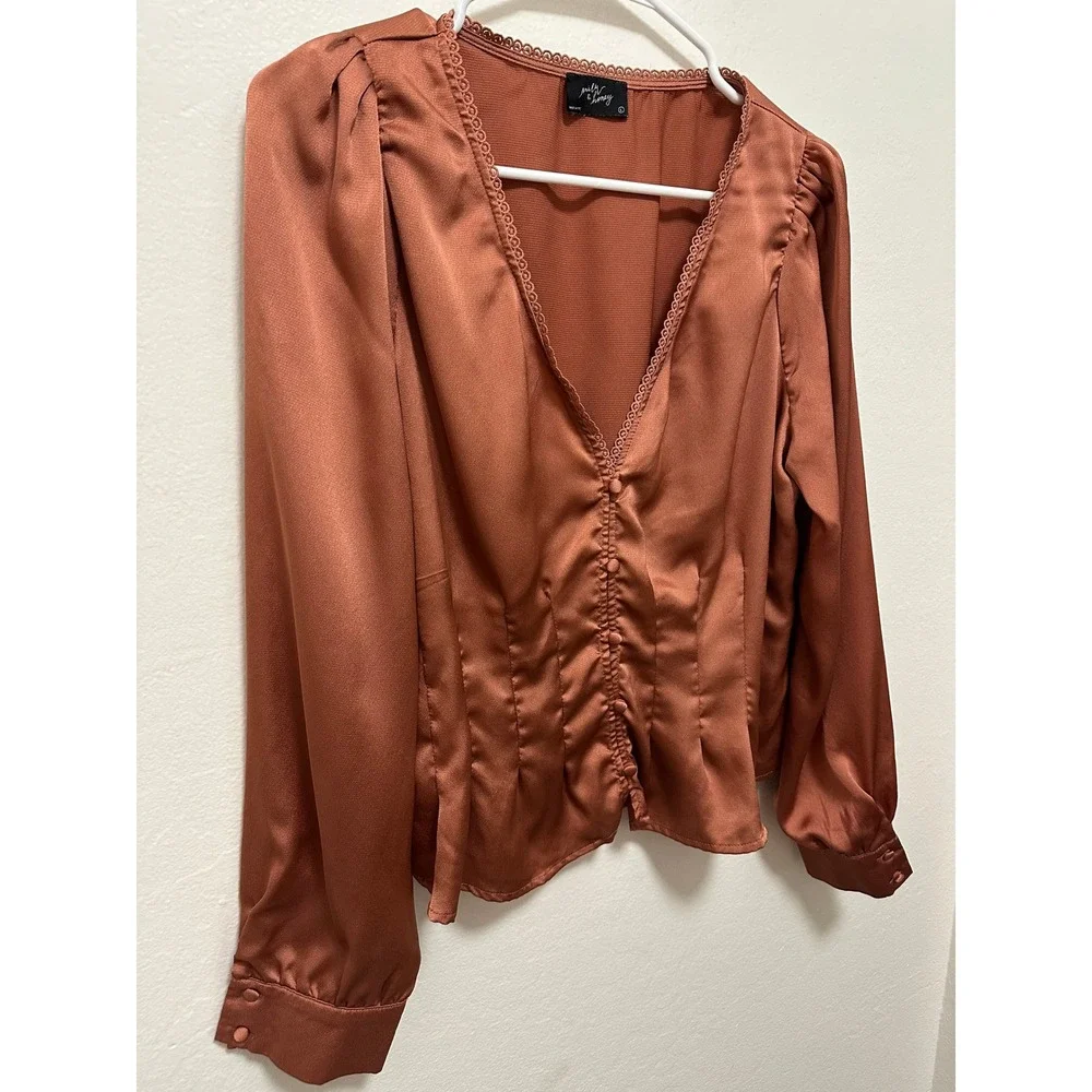 Milly Honey Bronze Satin Lace Trim‎ V Neck Button Front Puff Sleeve Blouse Top L - Picture 3 of 8